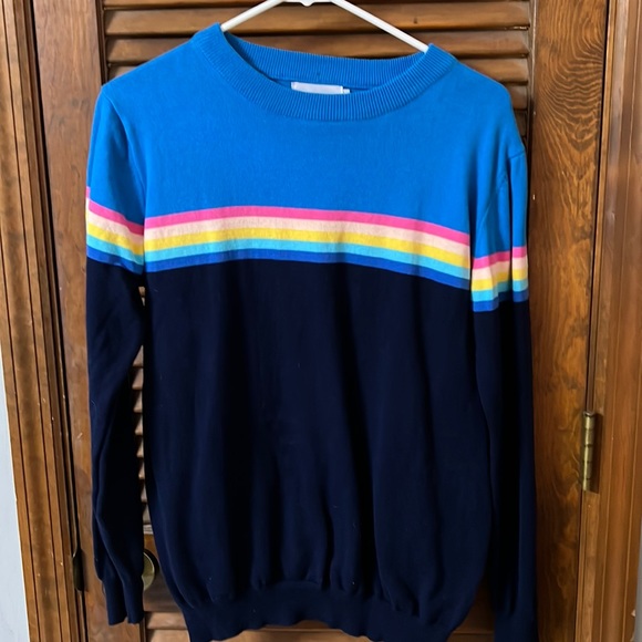 Women’s sweater XL by Oxhnitstore barely worn. Navy blue pink and yellow striped - Picture 1 of 6
